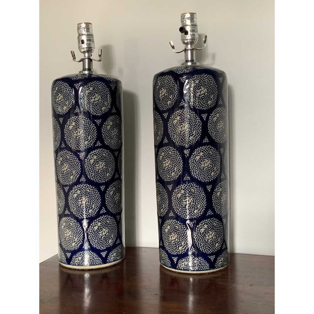 Jamie Young Neva Table Lamps Pair Navy White Ceramic Medallion Chinoiserie 21"